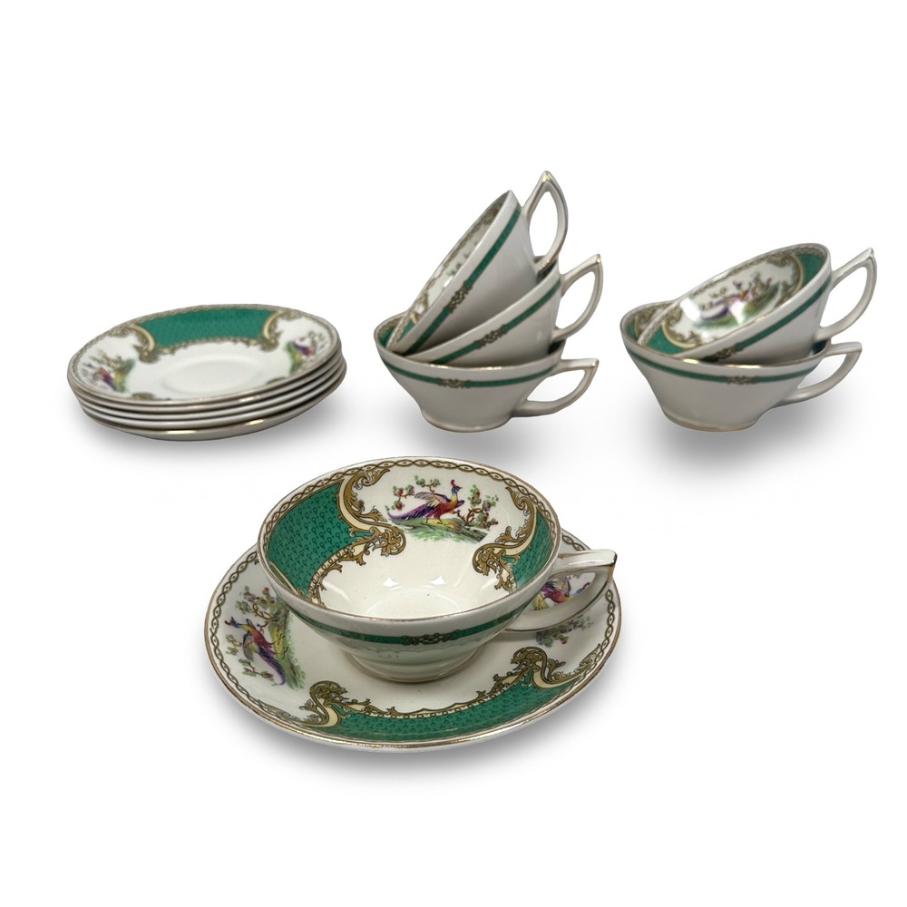 Royal Myotts Crown Chelsea Bird Green Tea Cups and Saucers Set of 6 England‎